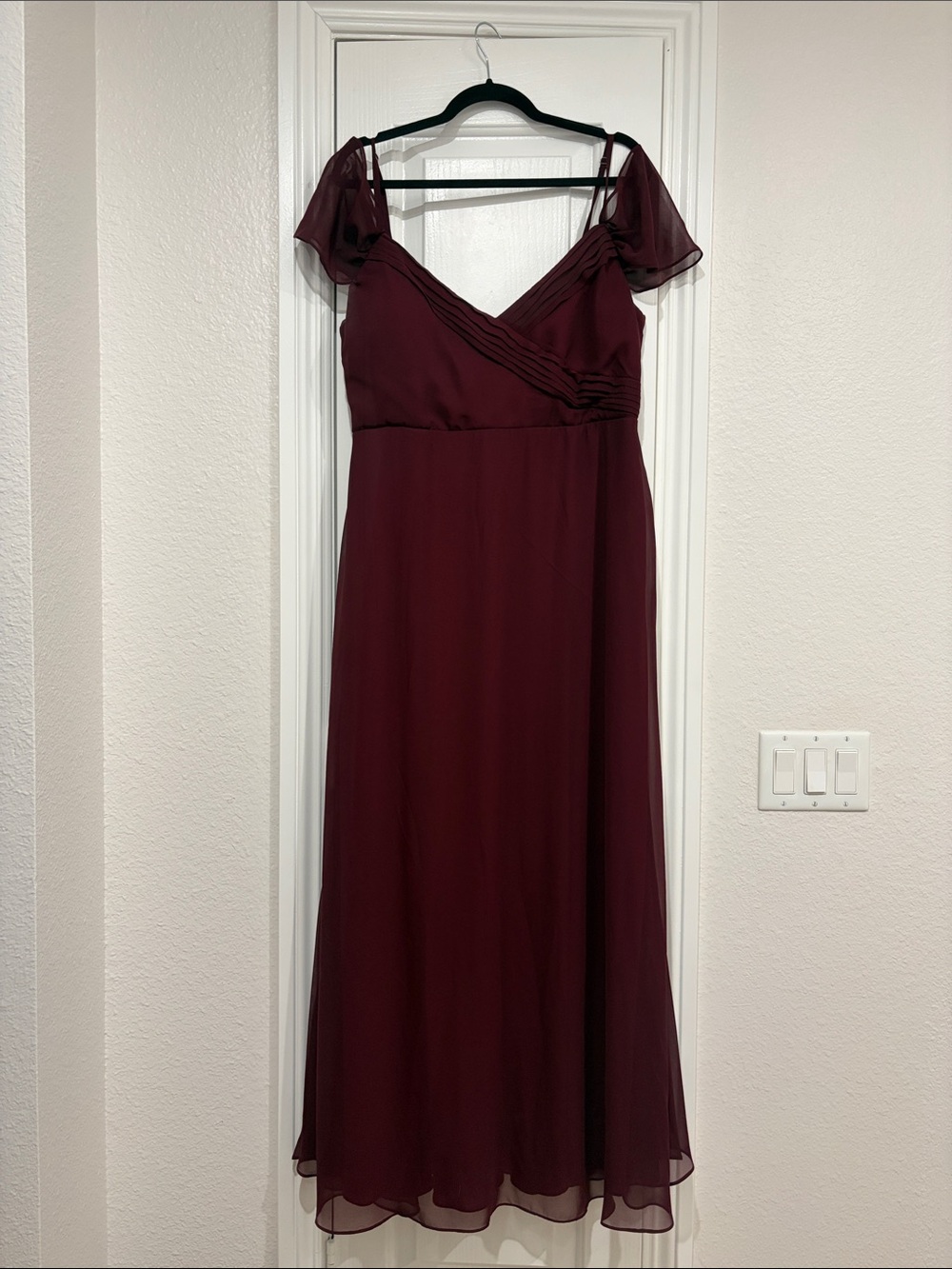 Birdy Grey Burgundy Chiffon Maxi Dress with Sheer Cap Sleeves